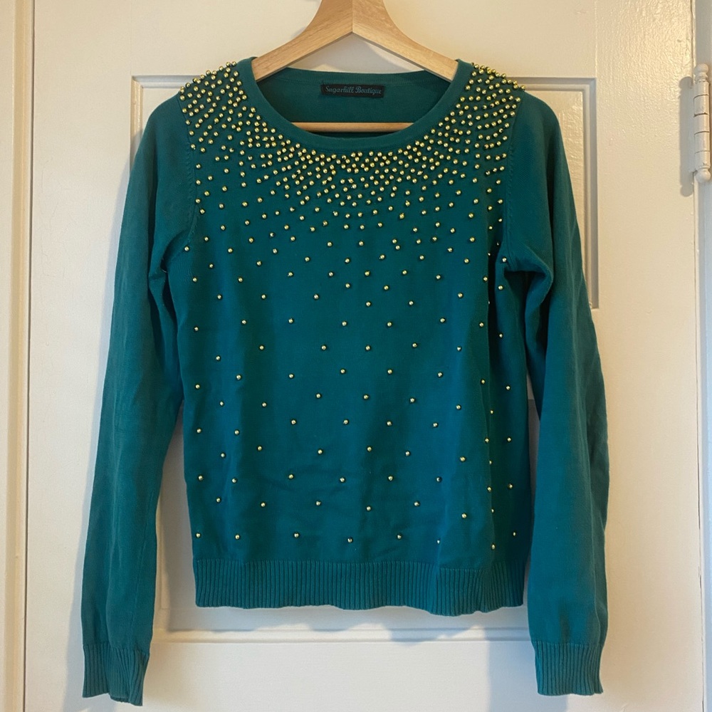 Sugarhill Boutique Long Sleeve Knit, Forest Green with Gold details